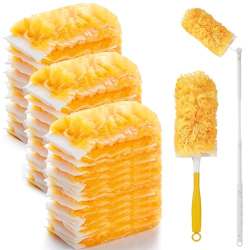 52 Pcs Disposable Duster Refills, 360° Heavy Duty Duster Dusting Replacement Heads with Electrostatic Adsorption, 5X Microfibers Dusters with 2 Handle for Home, Ceiling Fan, Furniture, Office