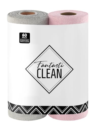 Fantasticlean Microfiber Cleaning Cloth Roll -60 Pack, Tear Away Microfiber Towels, 12" x 12", Reusable, Washable, Lint Free, Ultra Absorbent Dishcloth for All-Around Cleaning (Pink & Grey) - color: Pink and Grey, size: 60 pack