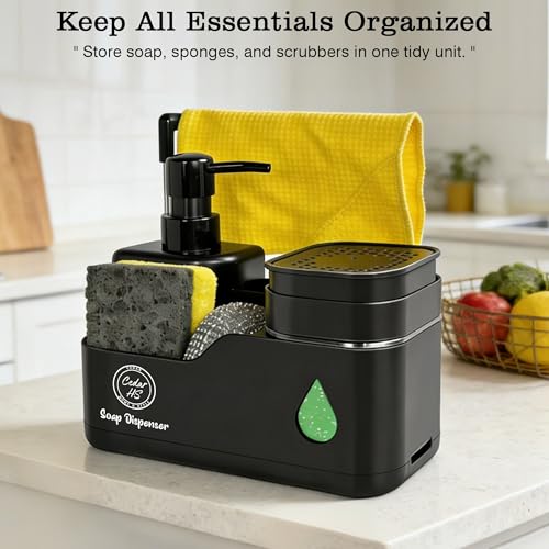Kitchen Soap Dispenser Set (Black) – 4 in 1 Dual Pump Bottles with Sponge Caddy, Brush Holder, Towel Bar & Drain Rack – Space-Saving Countertop Organizer for Sink & Bathroom