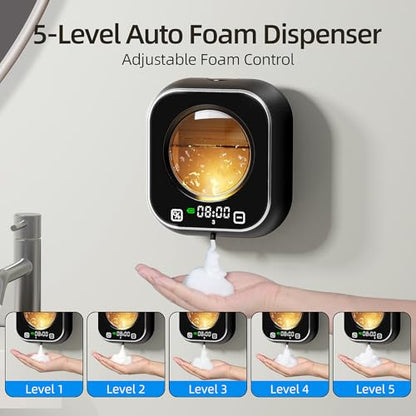 Automatic Soap Dispenser Touchless, Wall Mount Foam Hand Soap Dispenser, 5 Adjustable Foam Levels, Rechargeable 120-Day Battery, IPX5 Waterproof LED Clock for Bathroom Kitchen Sink 320ML (Black) - color: Foam Black