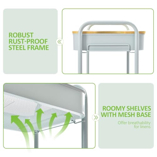 TOOLF 3-Tier Rolling Cart with Table Top, Metal Storage Cart on Wheels, Utility Organizer with Wooden Tray, Lockable Casters, Easy Assembly for Bathroom, Bedroom, Baby Room, Kitchen, Green - color: Green