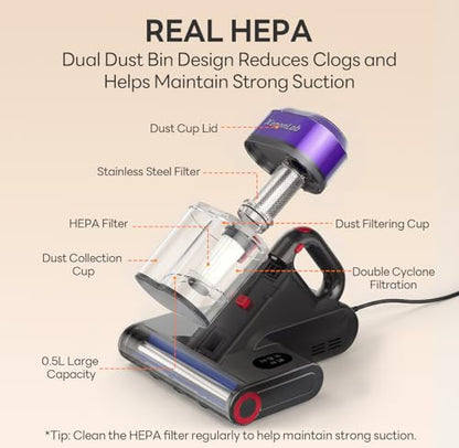 Mattress Vacuum Cleaner, 18000Pa Bed Vacuum Cleaner, 275nm UV-C Light & Ultrasonic 140°F Heat with High-Speed Deep Tapping, Versatile Handheld Vacuum for Bed, Sofa, Couch, Crib（Corded）