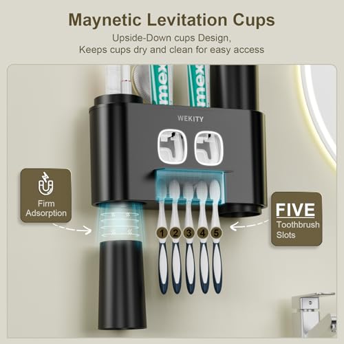 Toothbrush Holder Multi-Function Wall-Mounted, Automatic Toothpaste Dispenser & Dust-Proof Toothbrush Holder with 5 Brush Slots 4 Cups 2 Automatic Toothpaste Dispensers 1 Storage Slot (Black) - color: Black