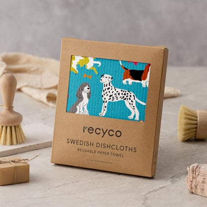 RECYCO Swedish Dishcloths for Kitchen | 6 Pack Doggy Daydreams Washable Dish Rags | Cellulose Reusable Cleaning Paper Towels | Absorbent Counter Dish Cloth Sponge Kitchen Wipes, 8" L x 7" W - color: Doggy Daydreams - 6 Pack
