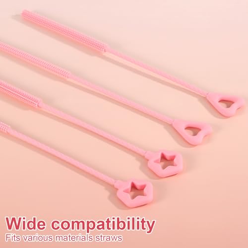 Penitue 4pcs Silicone Straw Cleaner Brush, 6mm/0.24in + 9mm/0.35in Reusable Extra-Long Cleaning Brush for 8mm/0.31in and 10mm/0.39in Metal & Glass Drinking Straws Dishwasher Safe (Pink, Star & Heart)