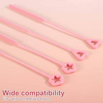 Penitue 4pcs Silicone Straw Cleaner Brush, 6mm/0.24in + 9mm/0.35in Reusable Extra-Long Cleaning Brush for 8mm/0.31in and 10mm/0.39in Metal & Glass Drinking Straws Dishwasher Safe (Pink, Star & Heart)