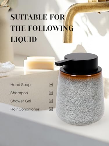 INGOFIN Ceramic Foaming Soap Dispenser -12oz Foam Hand Soap Dispenser Bathroom, Modern Refillable Dish Wash Soap Bottle for Kitchen with Large Pump,Kiln-Glazed - color: Kiln-glazed Grey White -Foam