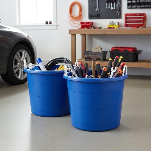 Homz 2 Pack of 17 Gallon Storage Buckets, Durable Plastic Containers, Sturdy Rope Handles, Large Tubs for Sports Equipment, Party Cooler, Gardening, Toys and Laundry, Blue - color: Cobalt Blue