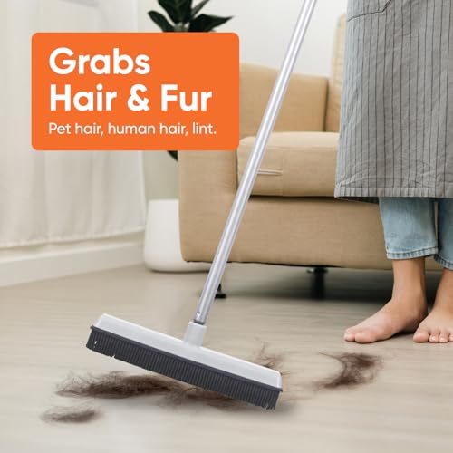 Rubber Bristle Broom for Hardwood Floors, Tiles, Carpets, Wood, and Vinyl, Salon Rubber Squeegee and Rug Rake for Human Hair, Pet Hair, Fur, and Lint, Grey, 2 Pack, by Superio - size: Full Broom (2 Pack)