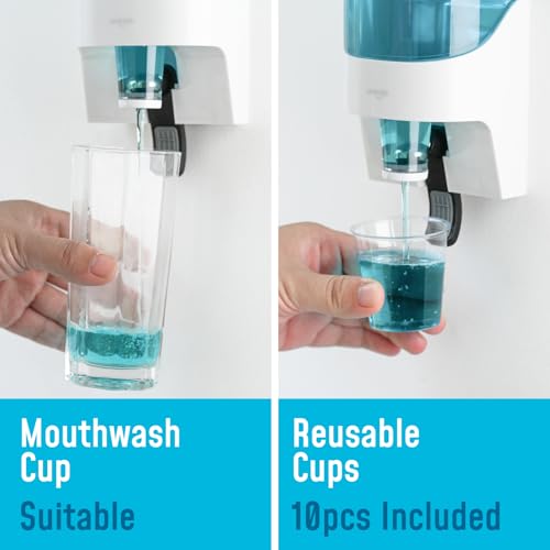 Umimile Mouthwash Dispenser for Bathroom, Plastic Mouthwash Dispenser Wall Mounted, 30.4oz(900ml) Mouthwash Container with 10Pcs Reusable Cups,White