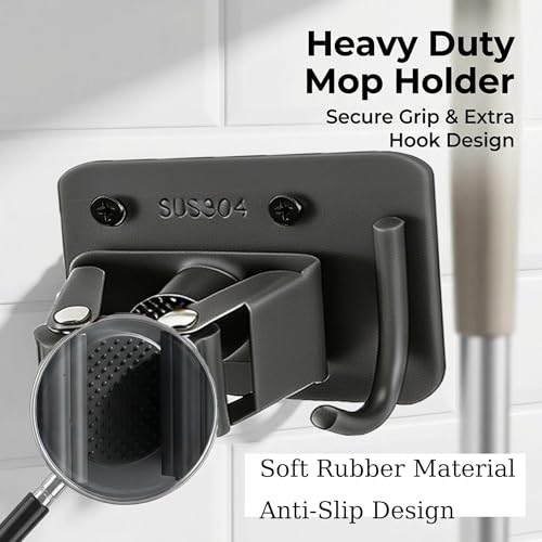Mop Broom Holder, 4 Pcs Stainless Steel Broom Holder Wall Mount Self Adhesive/Screw Drilling Heavy Duty Broom and Mop Organizer Wall Hanging Cleaning Tool Organizer Gripper for Bathroom, Kitchen