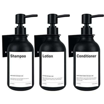 Shampoo Dispenser for Shower Wall, Shampoo and Conditioner Dispenser with 16 Waterproof Labels, Shower Dispenser 3 Chamber No Drill, Shower Soap Dispenser Wall Mounted for Bathroom, 17oz, Black - color: 2-black Bottle + Black Pump