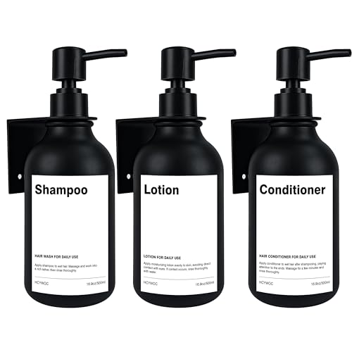 Shampoo Dispenser for Shower Wall, Shampoo and Conditioner Dispenser with 16 Waterproof Labels, Shower Dispenser 3 Chamber No Drill, Shower Soap Dispenser Wall Mounted for Bathroom, 17oz, Black - color: 2-black Bottle + Black Pump