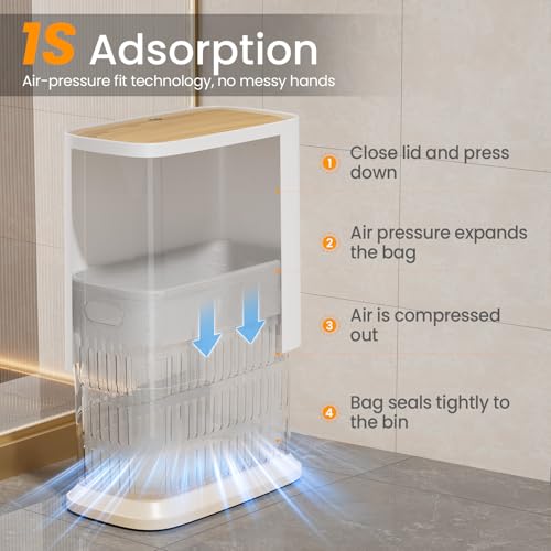 Bathroom Trash Can, 2.1 Gallon Small Slim Garbage Can with Lid and Wheels, Air-Press Bag Expander & Inner Bucket, White Plastic Waste Basket Dog Proof for Kitchen, Office, Bedroom, Garbage Trash Bin - color: White and Wood Grain, size: 8L/2.1Gal