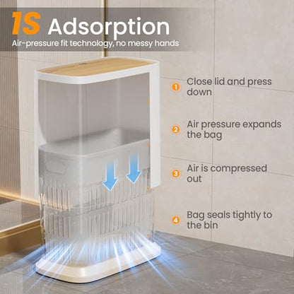 Bathroom Trash Can, 2.1 Gallon Small Slim Garbage Can with Lid and Wheels, Air-Press Bag Expander & Inner Bucket, White Plastic Waste Basket Dog Proof for Kitchen, Office, Bedroom, Garbage Trash Bin - color: White and Wood Grain, size: 8L/2.1Gal