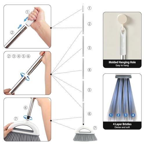 Angle Broom for Hardwood Floors - Soft Bristled Kitchen Broom, Indoor & Office Use (Off White)
