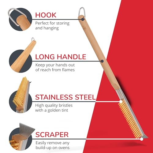Senwosa 22” Pizza Oven Brush with Stone Scraper - Heat Resistant Stainless Steel Bristles, Long Handle - Compatible with Ooni, Gozney & Similar Ovens - size: 22 inch