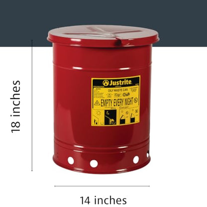 Justrite 10 Gallon Galvanized Steel Oily Waste Can, 18" x 14" Metal Oil Rag Safety Can with Hand Operated Self-Closing Lid for Oil Rag Disposal, Made in The USA, Red, 09310 - color: Red, size: 10 Gallon, style: Hand-Operated Lid