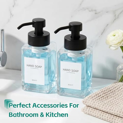 Foaming Soap Dispenser, 12oz/350ml Glass Foaming Hand Soap Dispenser Set, 2Pcs Refillable Foam Soap Dispenser With Foaming Pump, Labels, Square Foam Soap Hand Dispenser For Bathroom, Kitchen - color: Clear