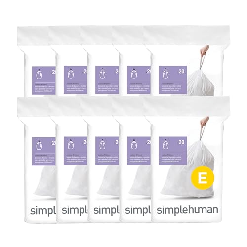 simplehuman Code E 200 Count Custom Fit Liners, Drawstring Kitchen Trash Bags, One-by-One Mess-Free Dispense, Extra Thick & Double Seamed, 50% PCR Plastic, 20 Liter / 5.3 Gallon, White - size: 200 Count (Pack of 1)