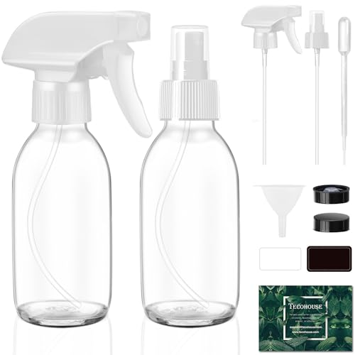 Tecohouse Glass Spray Bottles 4 OZ, Empty Small Spray Bottles 2 Pack for Essential Oils, Cleaning Solutions, Plants, Hair Mister, withDurable Nozzle, Labels, Funnel, Pipettes Clear - color: Clear White Lids