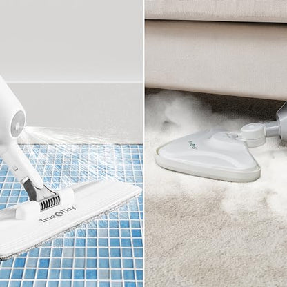 True & Tidy Complete Floor Care System with Multi-Surface Steam Mop and Spray Mop with Refillable Bottle (White)