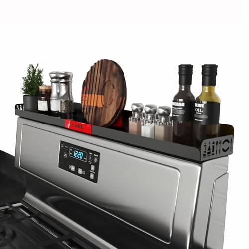 STUTOV 30" Magnetic Stove Top Shelf – Black Spice Rack with Red HOME Design – Seasoning Organizer for Back of Stove – Over Stove and Kitchen Storage Shelf - color: Black with Red HOME