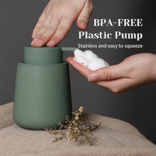 INGOFIN Ceramic Foaming Soap Dispenser - 12oz Foam Hand Soap Dispenser Bathroom, Modern Dish Soap Bottle with Pump for Kitchen, Matte Green - color: Matte Green-foam