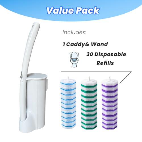 Disposable Toilet Brush Cleaning Supplies, Toilet Bowl Cleaner and Holder Set with 30 Toilet Wand Refill Pads, Wall Mounted Toliet Wand Kit Bathroom Maintenance, Storage Caddy (White)