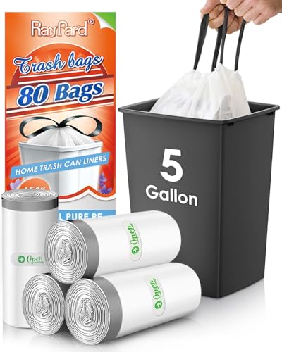 5 Gallon 80 Counts Strong Drawstring Trash Bags Garbage Bags by RayPard, Small Plastic Bags, Trash Can Liners for Home Office Kitchen Bathroom Bedroom, White Waste Basket Liners (White) - style: 80-5 Gallon-White
