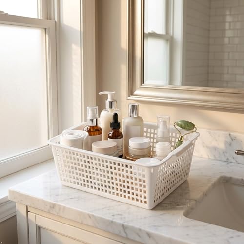 3-Pack Large Plastic Storage Basket, Plastic Storage Bin, White