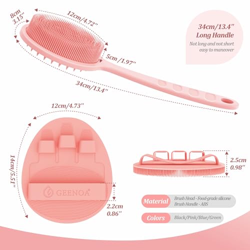 Silicone Back Scrubber & Bath Glove Set 2PCS, 13.4'' Gentle Shower Back Scrubber with Dual-Side Head Non-Slip Handle, 360° Anti-Slip Hand-fit Bath Glove for Rich Foaming Deep Cleaning(Pink) - color: Pink*2
