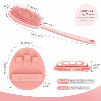 Silicone Back Scrubber & Bath Glove Set 2PCS, 13.4'' Gentle Shower Back Scrubber with Dual-Side Head Non-Slip Handle, 360° Anti-Slip Hand-fit Bath Glove for Rich Foaming Deep Cleaning(Pink) - color: Pink*2