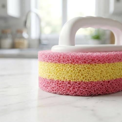 Multifunctional Cleaning Brush with Handle, Thick Sponge Scrubber for Kitchen, Bathroom, Bathtub, Sink & Floor, 1 Pack (Pink) - color: Pink