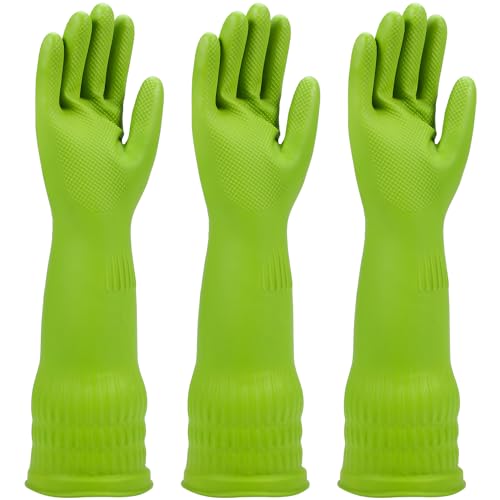 Rubber dishwashing gloves 3 or 6 Pairs for kitchen,Cleaning washing dish gloves long for household reuseable durable. - color: Green, size: Small(Pack of 6)