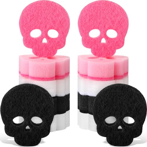 Tioncy 12 Pack Skull Kitchen Sponges Bulk Gothic Dual Sided Scrubber Pink Black White Skull Sponges Reuseble Non Scratch Dishwashing Kitchen Cleaning Accessories for Cookware Pot Boiler Pan Household - color: Black, White, Pink, style: Skull