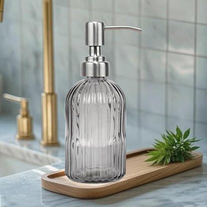 14Oz Gray Soap Dispenser Bathroom, Clear Glass Hand Soap Dispensers with Stainless Steel Pump, Refillable Dish Soap Dispenser for Kitchen, Countertop Soap Dispensers - color: Gray