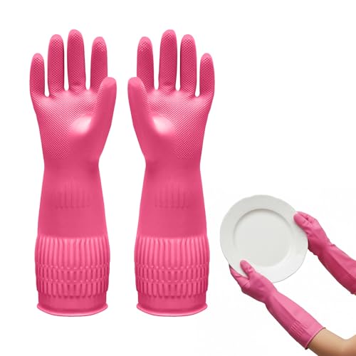 1 Pairs Household Rubber Cleaning Gloves, Long Cuff Dishwashing Gloves with Non-Slip Grip for Kitchen, Bathroom - color: Pink, size: Small
