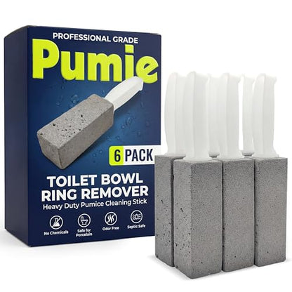 PUMIE Pumice Stone Toilet Bowl Cleaner (6-Pack) - Pumice Stone with Handle - Heavy Duty Toilet Bowl Scrubber for Rings, Bowls, Hard Water Stains, Lime, Rust, Sink - Includes Handle for Easy Use - size: 6 Count (Pack of 1)