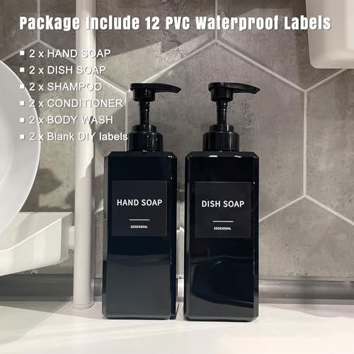 Black Soap Dispenser with Waterproof Labels, Thickened Plastic Hand Soap Dispenser for Bathroom, Kitchen Dish Washing Liquid Bottles, Shampoo and Conditioner Bottles with Funnel (22oz 4Pack Black) - color: 22oz 4 Pack Black