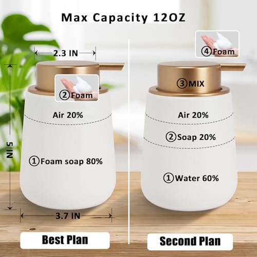 Soap Foaming Dispenser Ceramic with Easy-to-Press Pump Hand Foam Dispenser for Shampoo Bathroom Kitchen Hotel 12 oz - color: Foam-whitemattlegold