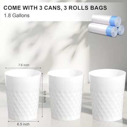 JiatuA 3 Pack Small Trash Can with Trash Bags Bathroom Garbage Bin Round Plastic Waste Basket for Kitchen, Bedroom, Office, College Dorm, Craft Room, White - color: White
