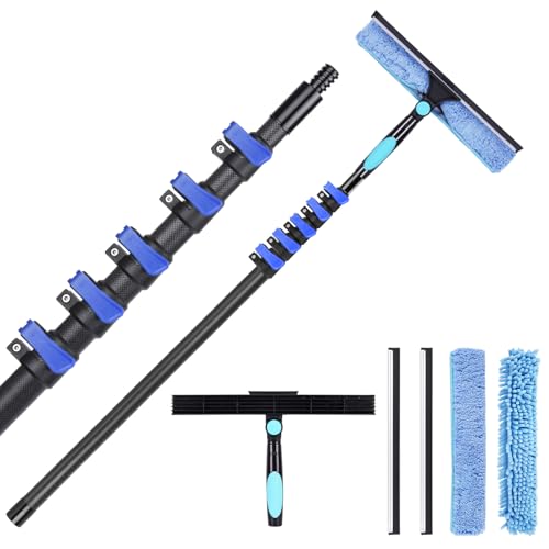 DOBEN 24-Foot Carbon Fiber Window Cleaner Tool with Telescopic Extension Pole, Rotating Scrubber & Squeegee - Sturdy Lightweight Design for Indoor/Outdoor Glass Cleaning - size: 24FT