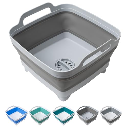 Tiawudi Dishpan for Washing Dishes, 2.4Gal/9L Wash Basin with Draining Plug Carry Handles, Collapsible Bucket for Cleaning, Portable Sink, Foldable Plastic Tub, 1PC - color: All Grey, size: 1 x 9L