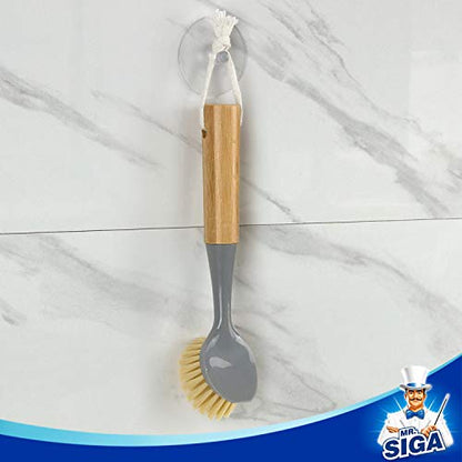 MR.SIGA Dish Brush with Bamboo Handle Built-in Scraper, Scrub Brush for Pans, Pots, Kitchen Sink Cleaning, Pack of 2 - color: Gray