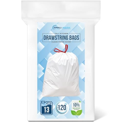 Simpli-Magic 13 Gallon Drawstring Trash Bags, Code B, 120 Pack – Tall Kitchen Garbage Bags, Custom Made with Premium Materials (White) - size: 120 Count (Pack of 1)