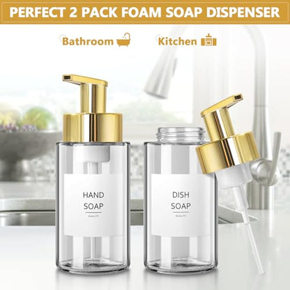 RYTOXILO Foaming Soap Dispenser, 10 oz/300ml Gold Soap Dispenser, 2 Pack Glass Foaming Hand Dispenser for Bathroom & Kitchen, Clear Refillable Foam Bottle with Waterproof Labels - color: Clear Bottle, size: 10 Fl oz with Gold Pump