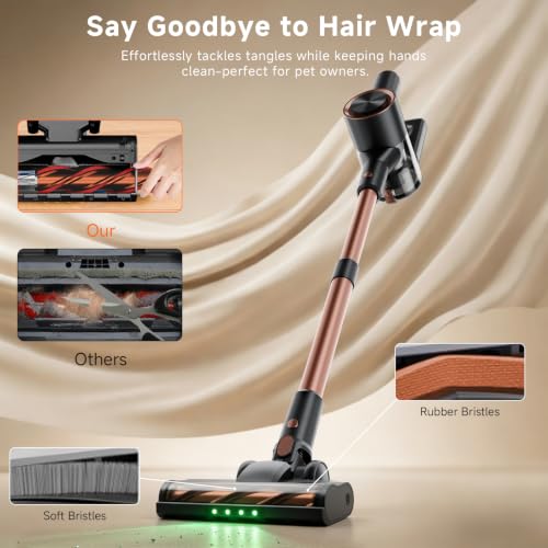 Cordless Stick Vacuum Cleaner - 40KPA Powerful Suction Vacuum with 45 Min Runtime, Detachable Battery, Anti-Tangle & 1.5L Dust Cup, 8 in 1 Vacuum Cleaner for Pet Hair, Carpet, HardFloor, Gold