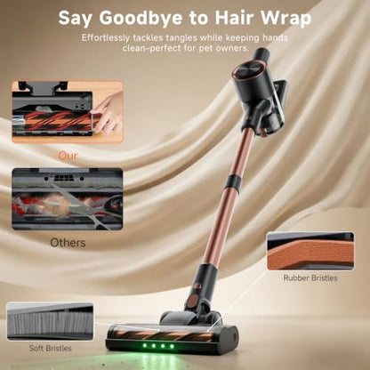 Cordless Stick Vacuum Cleaner - 40KPA Powerful Suction Vacuum with 45 Min Runtime, Detachable Battery, Anti-Tangle & 1.5L Dust Cup, 8 in 1 Vacuum Cleaner for Pet Hair, Carpet, HardFloor, Gold