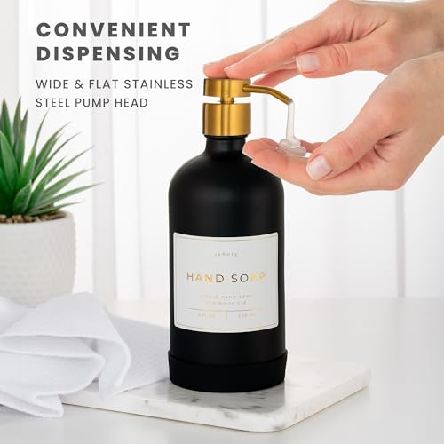 Hand and Dish Soap Dispenser for Kitchen and Bathroom, Set of 2 16 Oz Glass Bottles, Stainless Steel Pumps, Non-Slip Silicone Base, 27 Waterproof Labels (Matte Black Bottle/Brushed Gold Pump) - color: Matte Black Bottle / Brushed Gold Pump